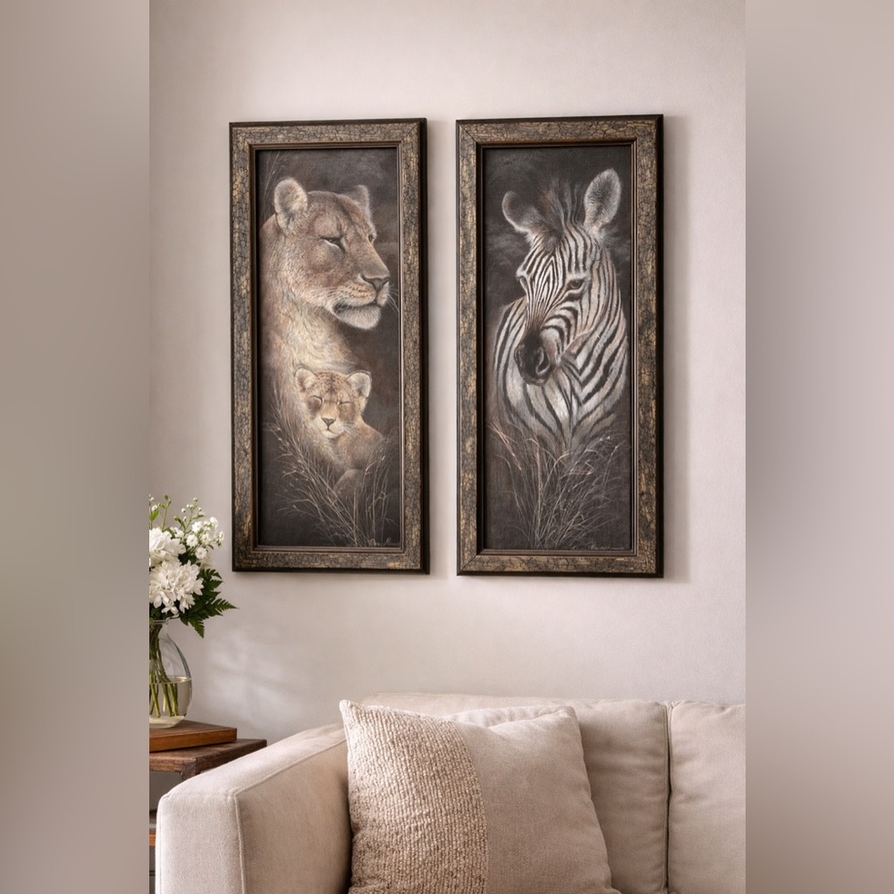 Ruane Manning Wildlife Wall Art Set – Lion & Zebra | Framed | Ready to Hang